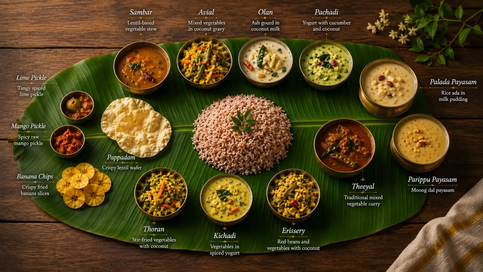 Vegetarian Kerala houseboat day cruise meal served on banana leaf