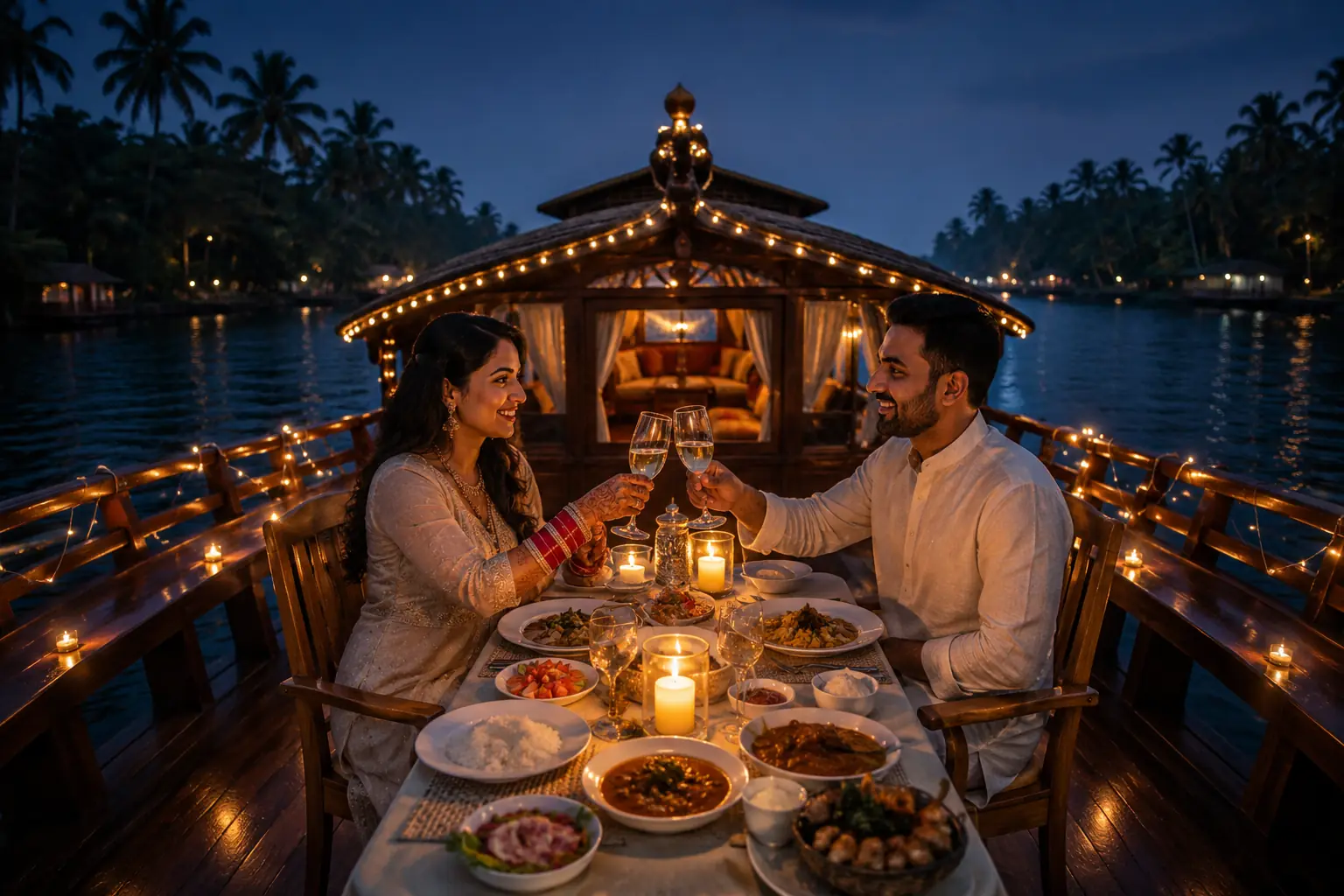 Candlelit dinner arranged on a Kerala houseboat at night for couples