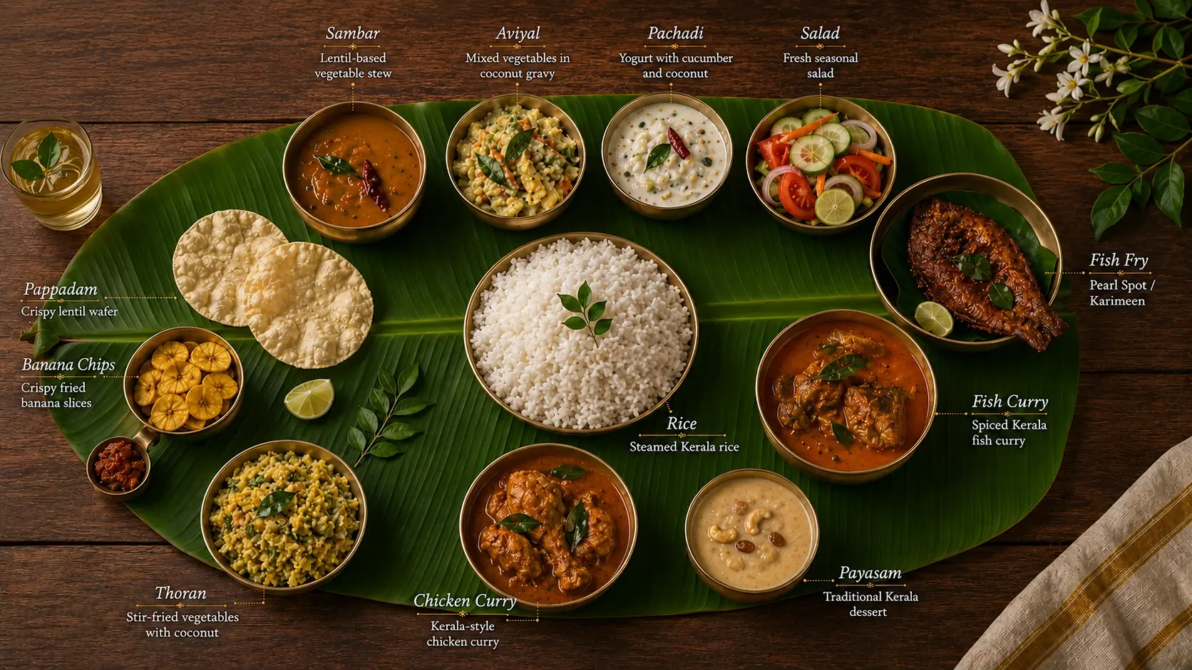 Non-vegetarian Kerala houseboat day cruise meal with fish fry chicken curry and fish curry served on banana leaf