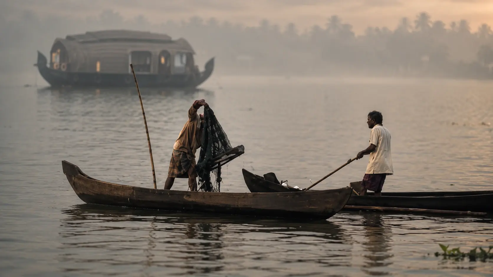 Traditional fishing experience in Kerala backwaters near houseboats